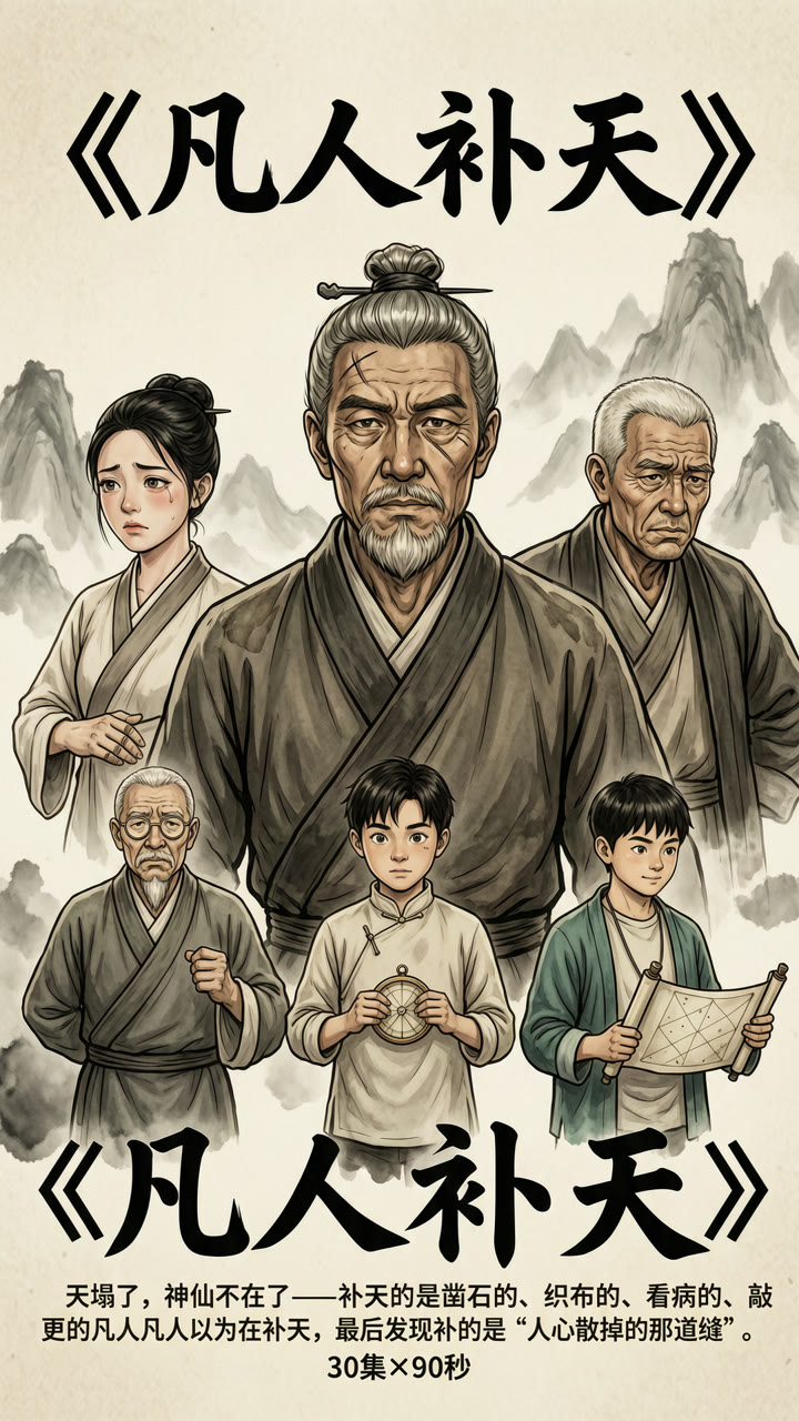 《凡人补天》国风神话AI微短剧竖版海报